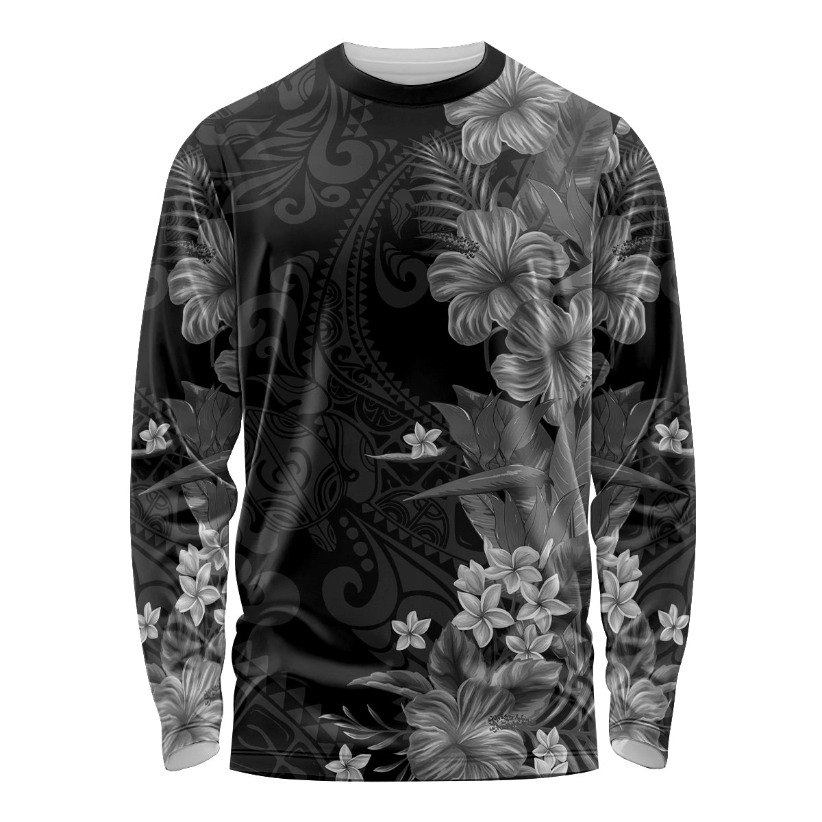 Hawaii Tropical Flowers Tribal Pattern Long Sleeve Shirt Black Style LT9 Unisex Black - Polynesian Pride