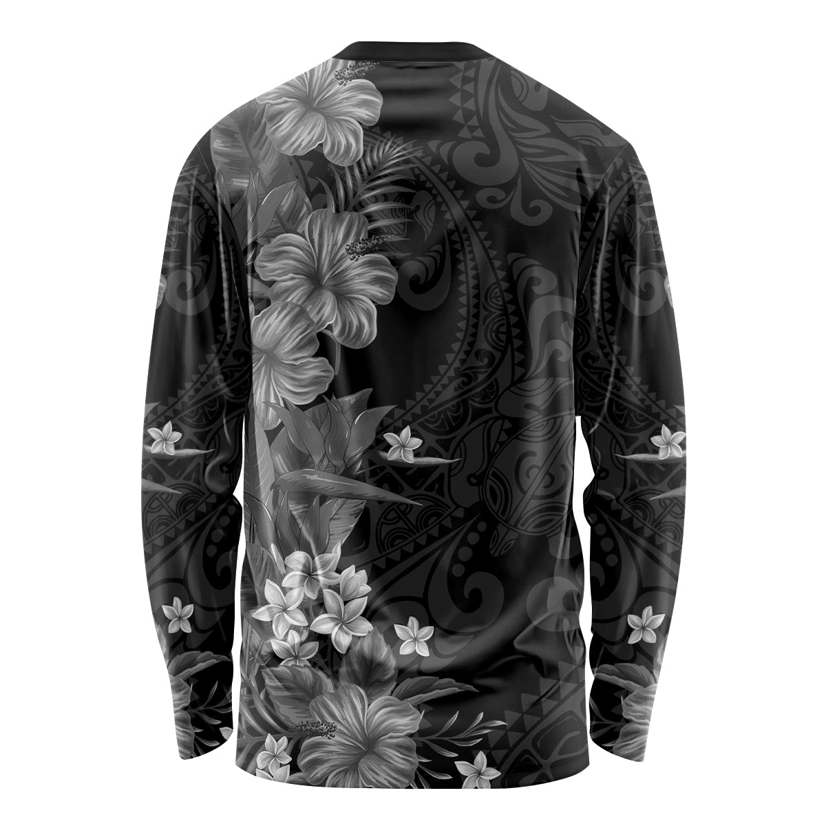 Hawaii Tropical Flowers Tribal Pattern Long Sleeve Shirt Black Style LT9 - Polynesian Pride