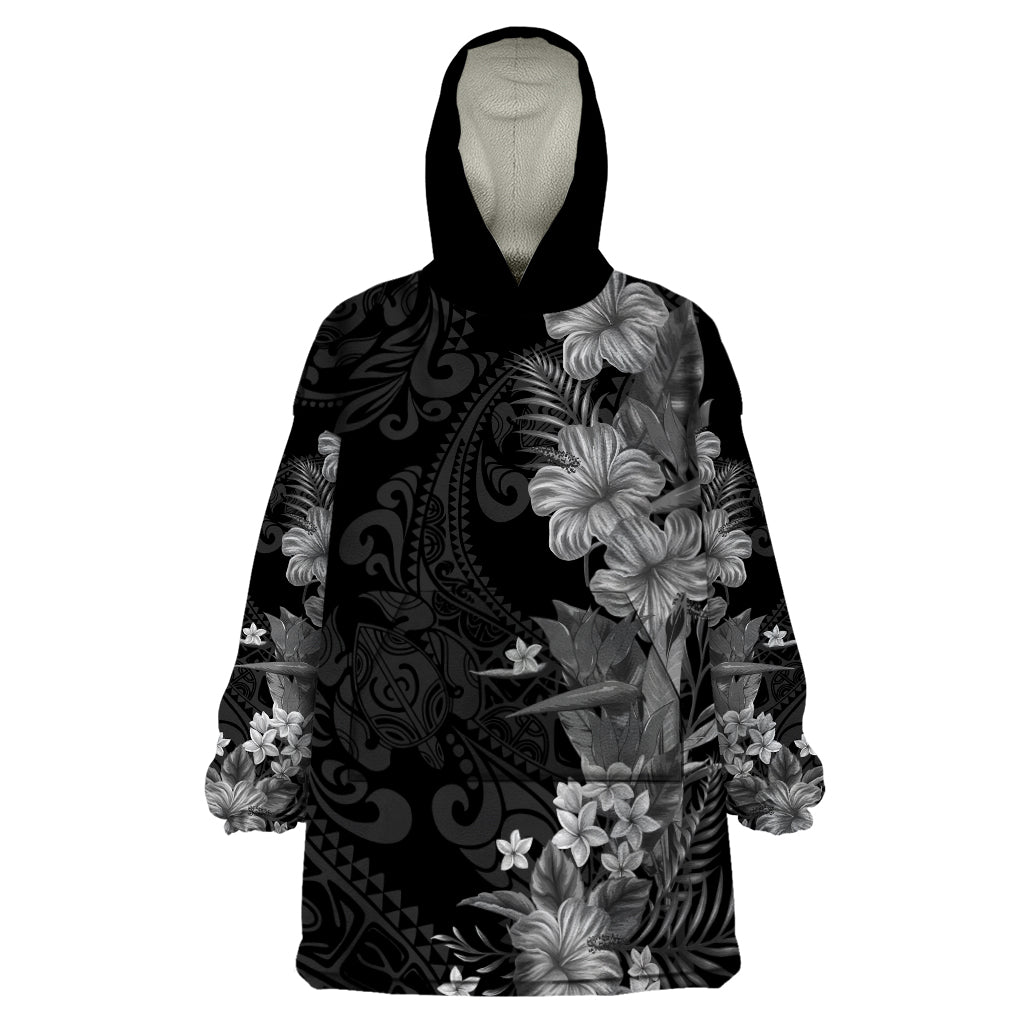 Hawaii Tropical Flowers Tribal Pattern Wearable Blanket Hoodie Black Style LT9 One Size Black - Polynesian Pride