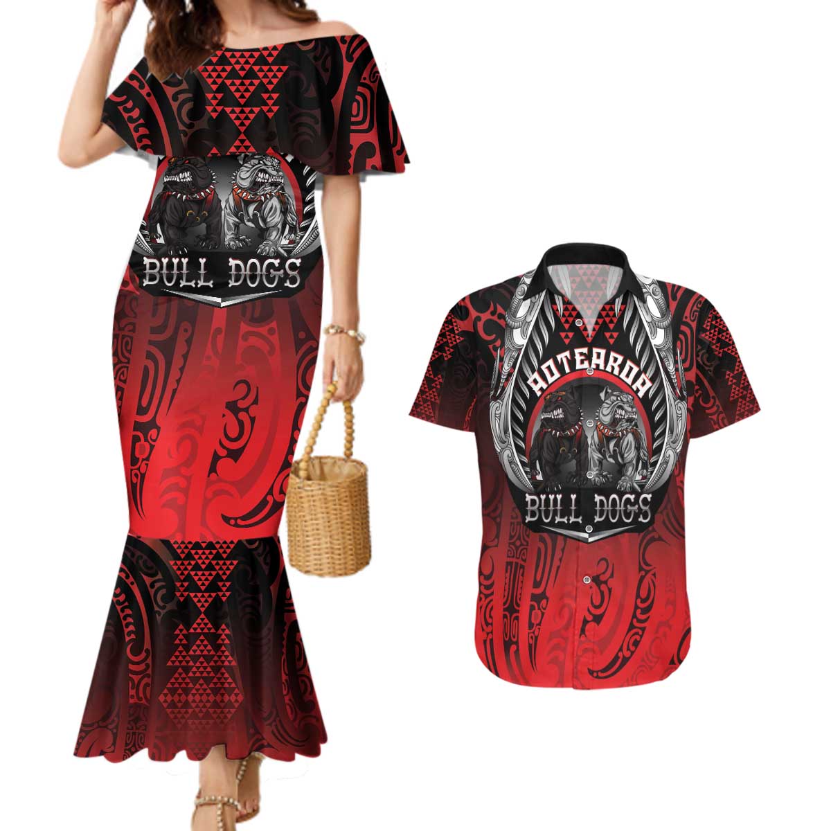 Aotearoa Bulldog Personalised Couples Matching Mermaid Dress and Hawaiian Shirt Maori Kowhaiwhai Motif