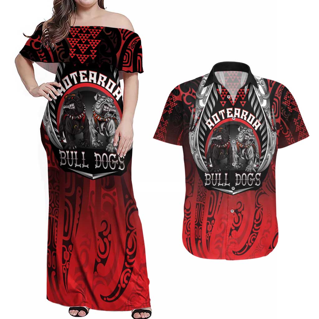 Aotearoa Bulldog Personalised Couples Matching Off Shoulder Maxi Dress and Hawaiian Shirt Maori Kowhaiwhai Motif