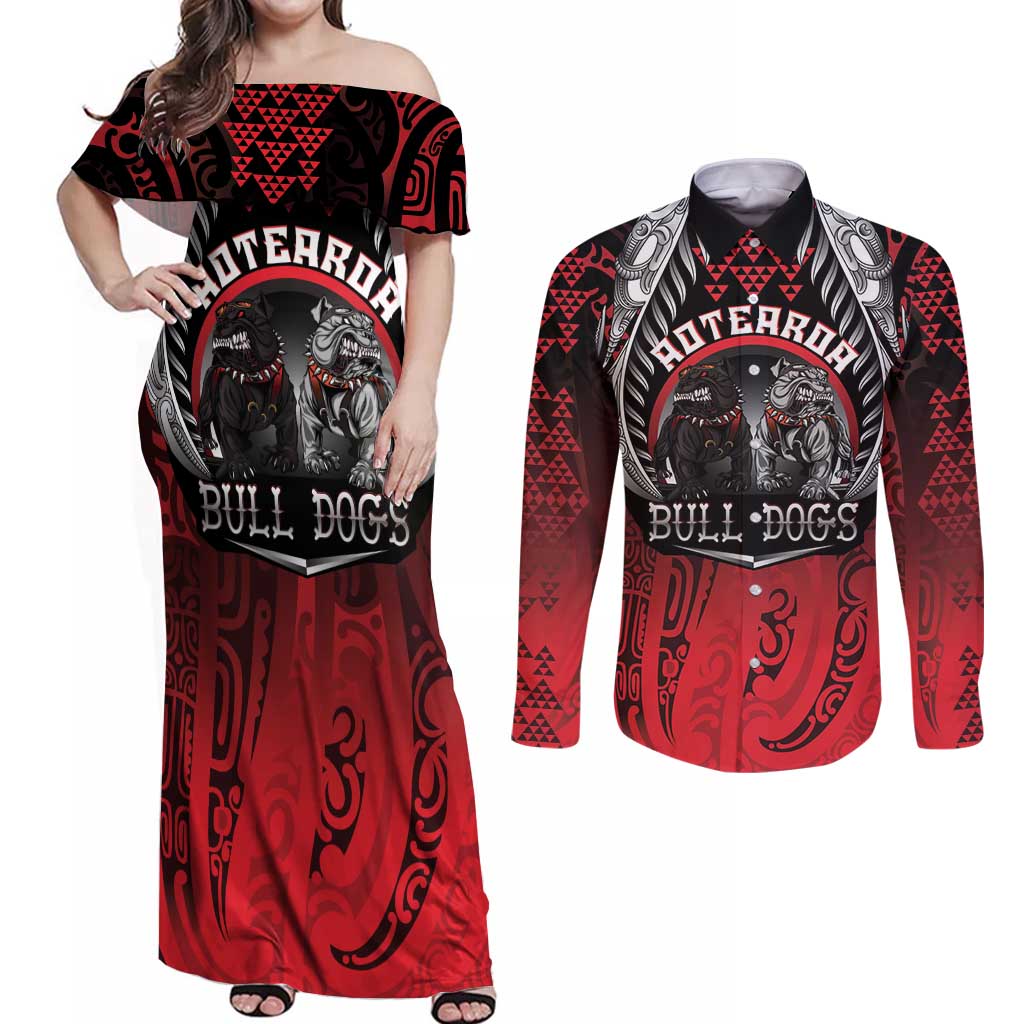 Aotearoa Bulldog Personalised Couples Matching Off Shoulder Maxi Dress and Long Sleeve Button Shirt Maori Kowhaiwhai Motif