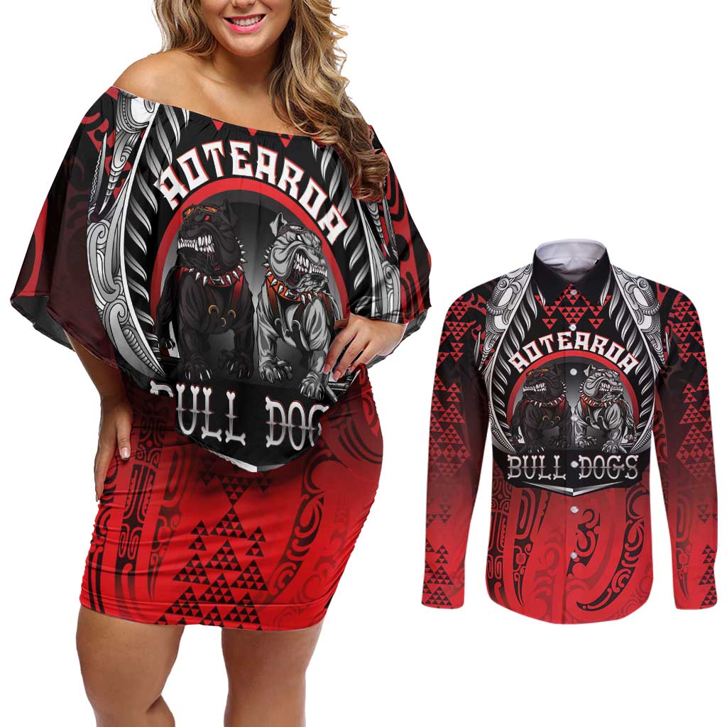 Aotearoa Bulldog Personalised Couples Matching Off Shoulder Short Dress and Long Sleeve Button Shirt Maori Kowhaiwhai Motif