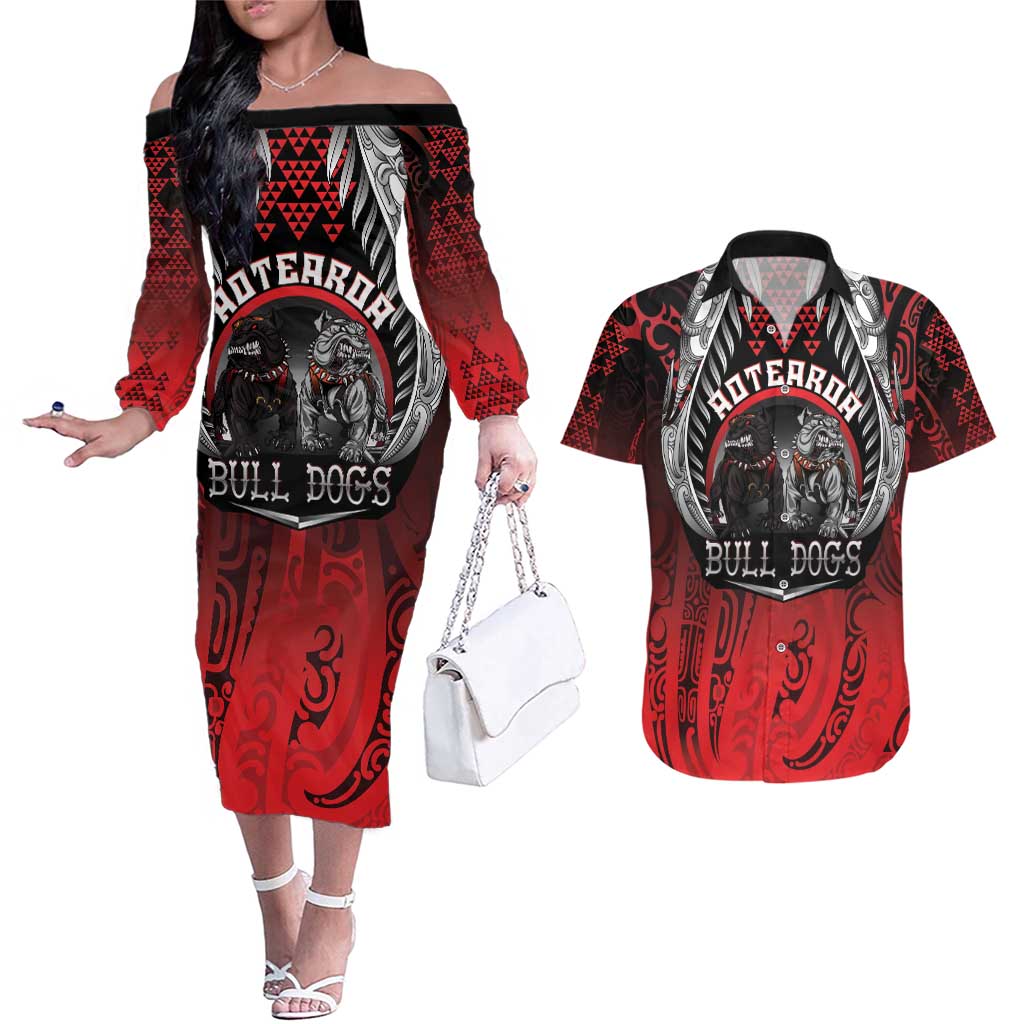 Aotearoa Bulldog Personalised Couples Matching Off The Shoulder Long Sleeve Dress and Hawaiian Shirt Maori Kowhaiwhai Motif