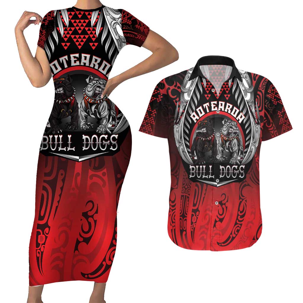 Aotearoa Bulldog Personalised Couples Matching Short Sleeve Bodycon Dress and Hawaiian Shirt Maori Kowhaiwhai Motif