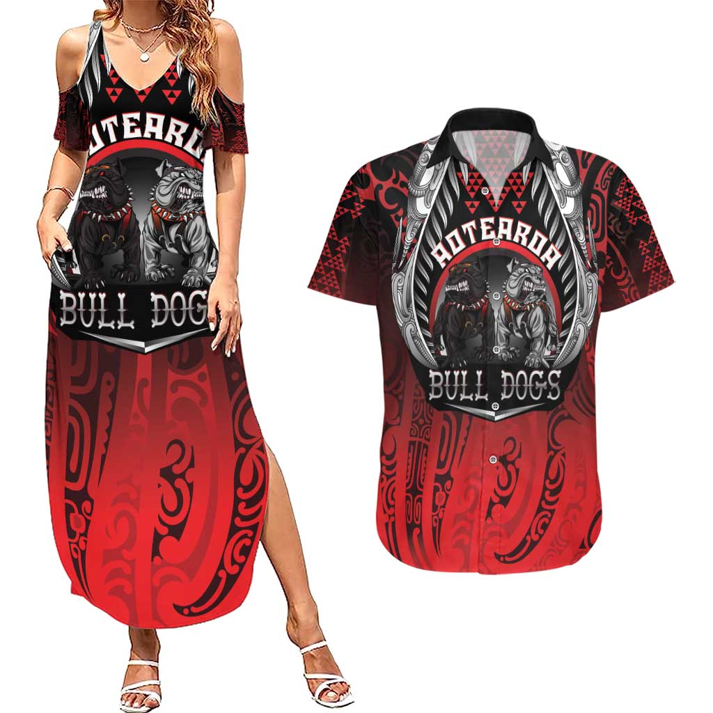 Aotearoa Bulldog Personalised Couples Matching Summer Maxi Dress and Hawaiian Shirt Maori Kowhaiwhai Motif