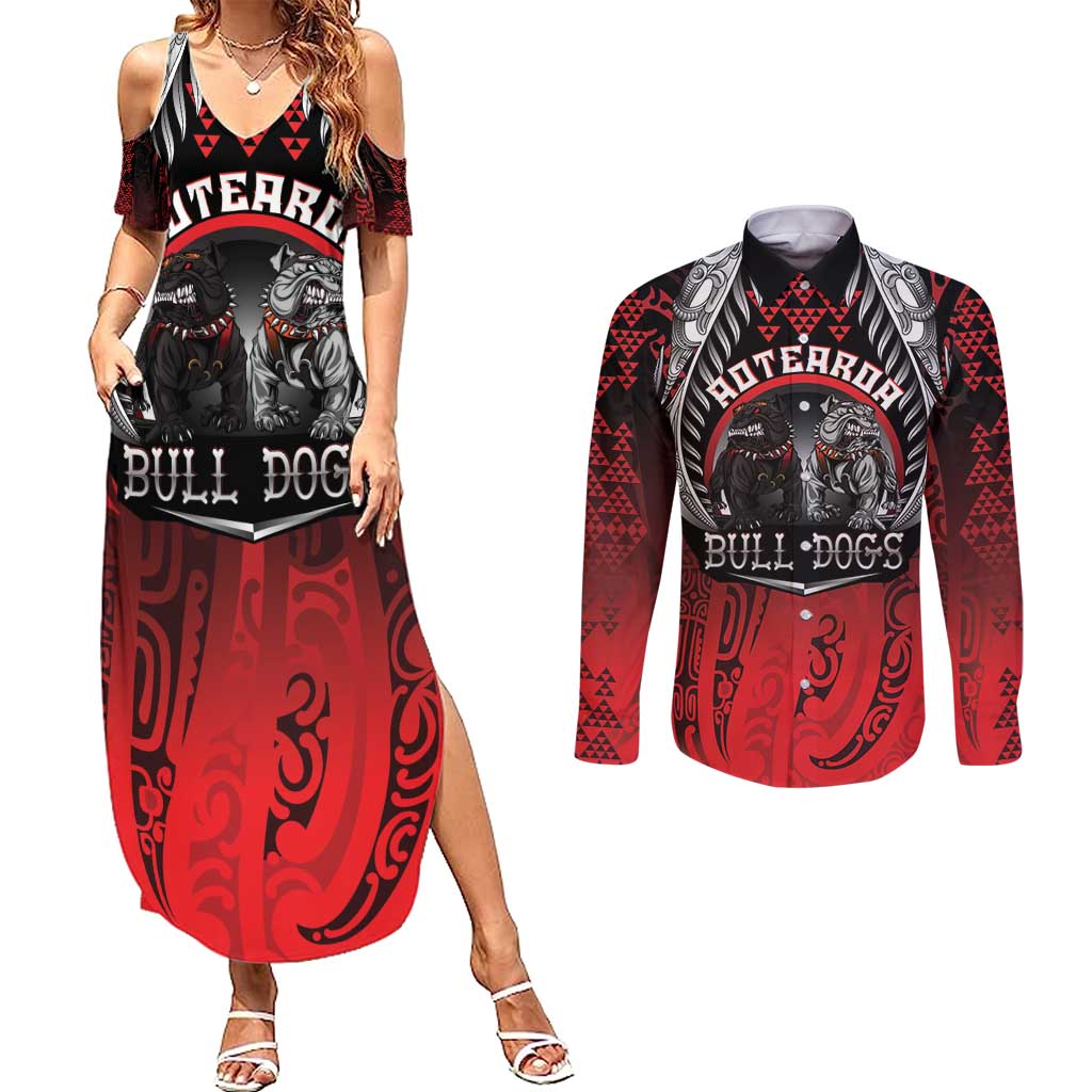 Aotearoa Bulldog Personalised Couples Matching Summer Maxi Dress and Long Sleeve Button Shirt Maori Kowhaiwhai Motif