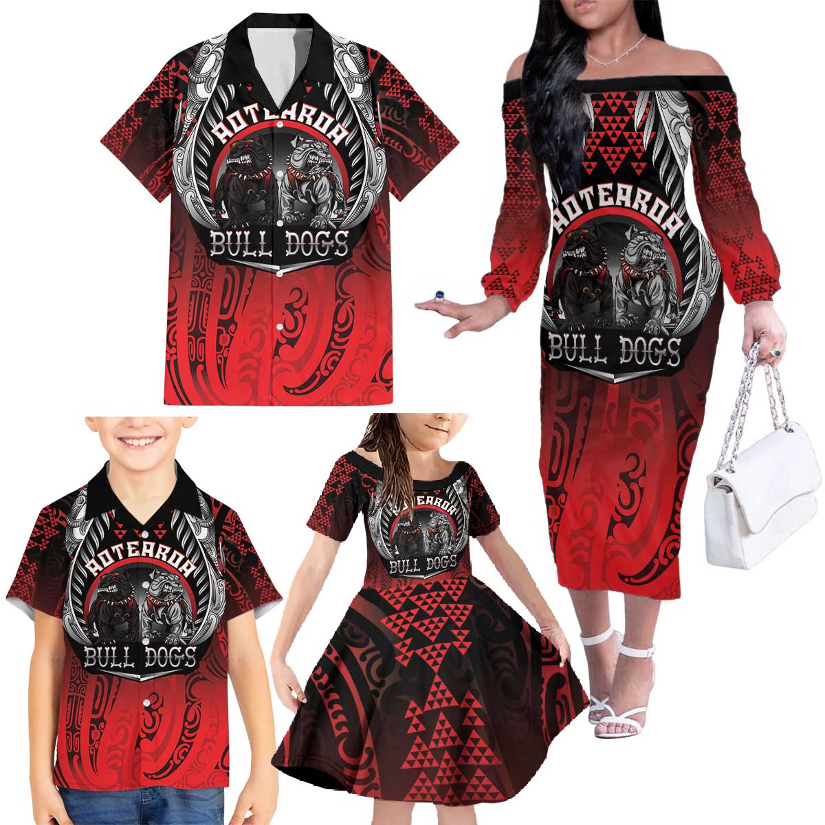 Aotearoa Bulldog Personalised Family Matching Off The Shoulder Long Sleeve Dress and Hawaiian Shirt Maori Kowhaiwhai Motif