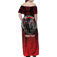 Aotearoa Bulldog Personalised Family Matching Off Shoulder Maxi Dress and Hawaiian Shirt Maori Kowhaiwhai Motif