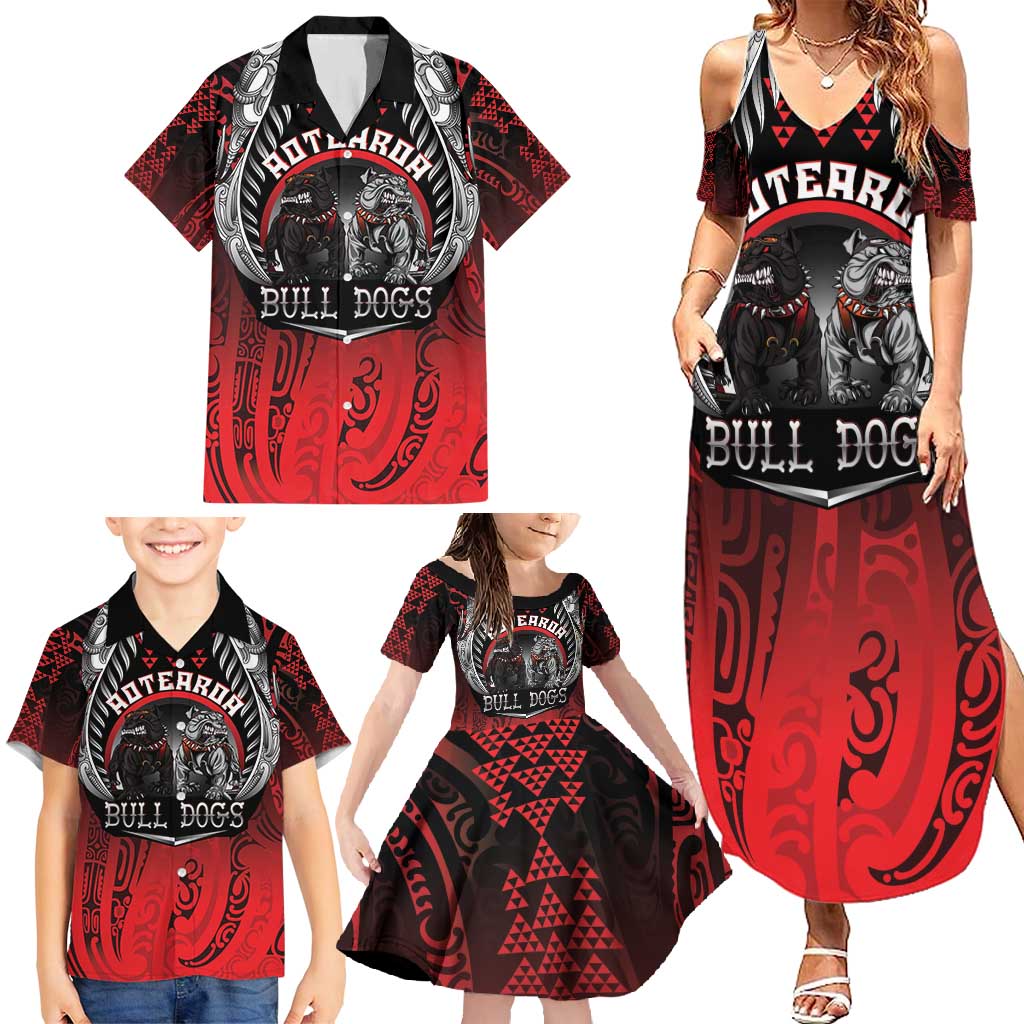 Aotearoa Bulldog Personalised Family Matching Summer Maxi Dress and Hawaiian Shirt Maori Kowhaiwhai Motif