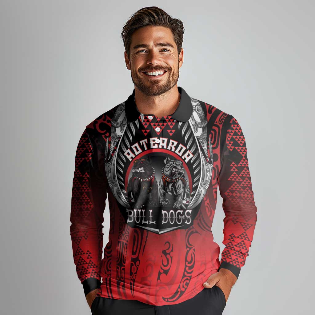 Aotearoa Bulldog Personalised Long Sleeve Polo Shirt Maori Kowhaiwhai Motif