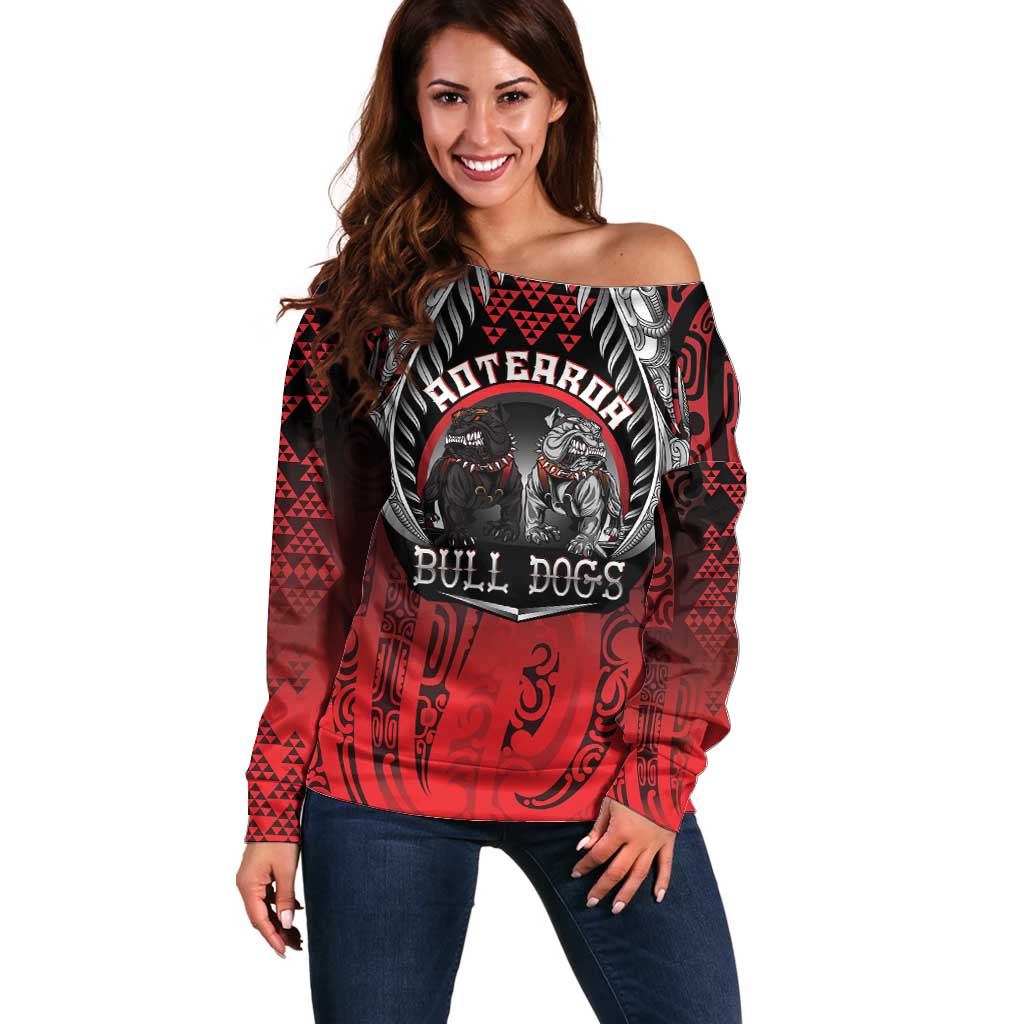 Aotearoa Bulldog Personalised Off Shoulder Sweater Maori Kowhaiwhai Motif