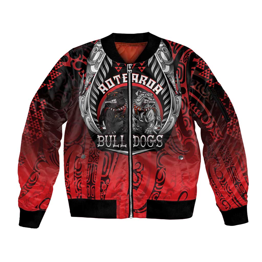 Aotearoa Bulldog Personalised Sleeve Zip Bomber Jacket Maori Kowhaiwhai Motif