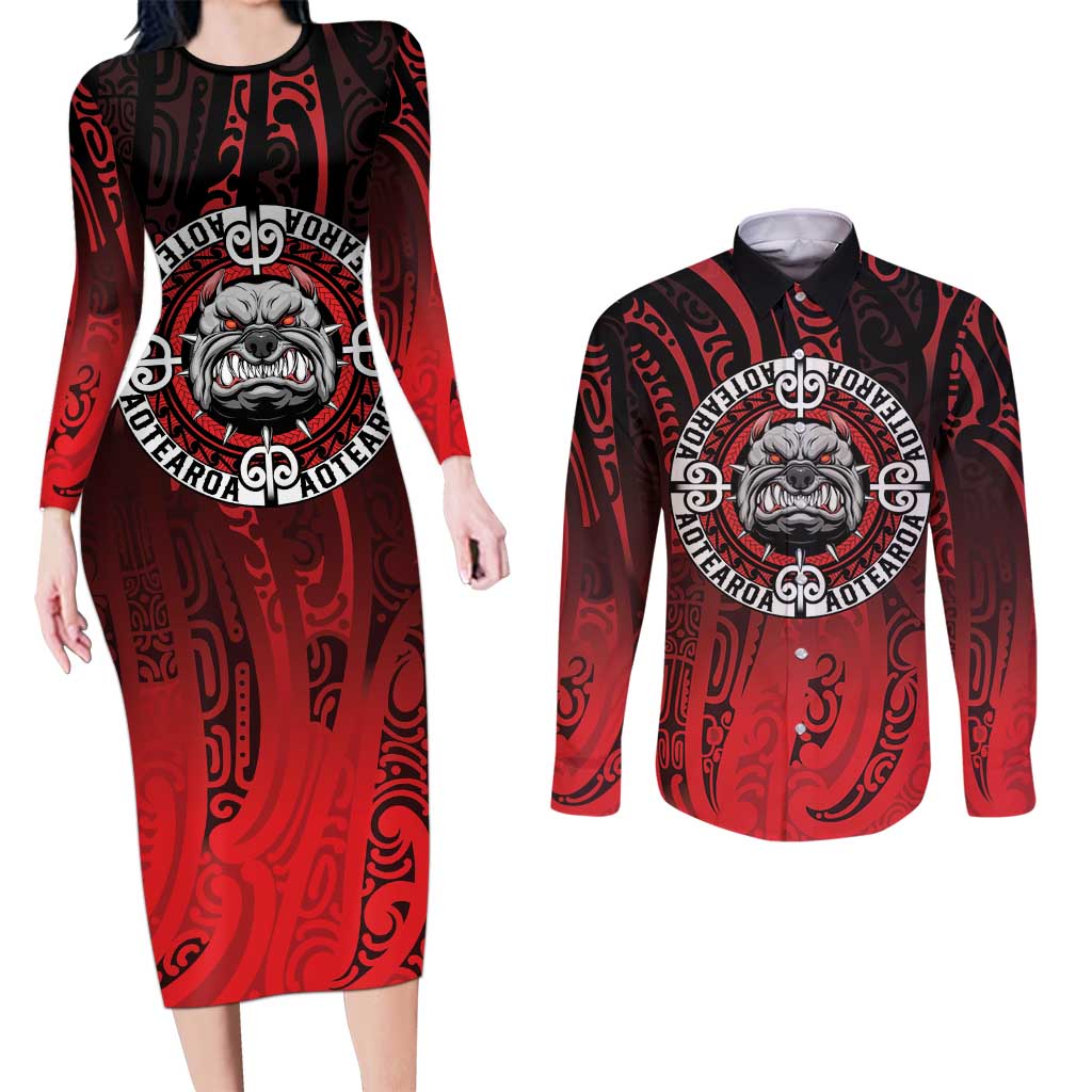 Aotearoa Bulldog Couples Matching Long Sleeve Bodycon Dress and Long Sleeve Button Shirt New Zealand Kowhaiwhai Tribal