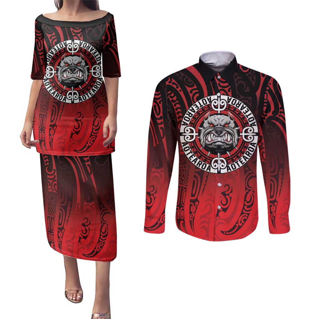 Aotearoa Bulldog Couples Matching Puletasi and Long Sleeve Button Shirt New Zealand Kowhaiwhai Tribal