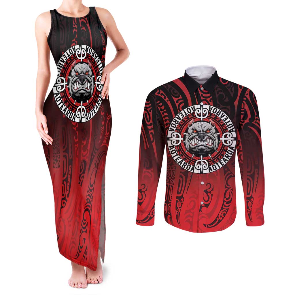 Aotearoa Bulldog Couples Matching Tank Maxi Dress and Long Sleeve Button Shirt New Zealand Kowhaiwhai Tribal