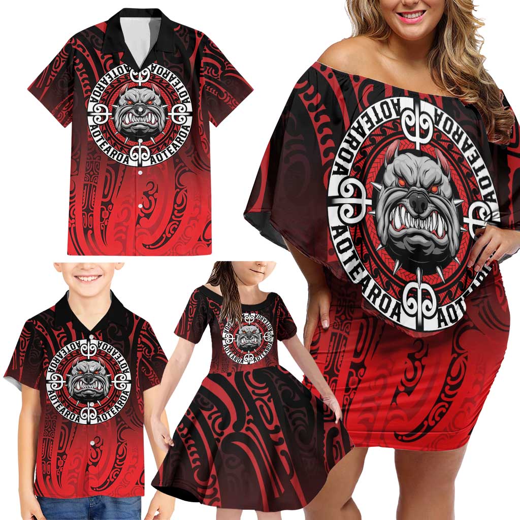 Aotearoa Bulldog Family Matching Off Shoulder Short Dress and Hawaiian Shirt New Zealand Kowhaiwhai Tribal