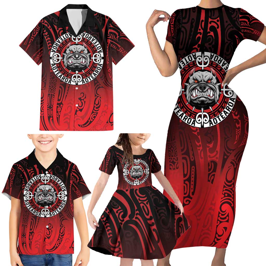 Aotearoa Bulldog Family Matching Short Sleeve Bodycon Dress and Hawaiian Shirt New Zealand Kowhaiwhai Tribal