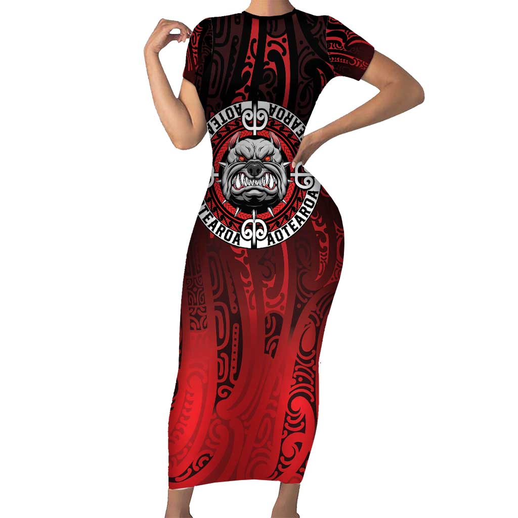 Aotearoa Bulldog Family Matching Short Sleeve Bodycon Dress and Hawaiian Shirt New Zealand Kowhaiwhai Tribal