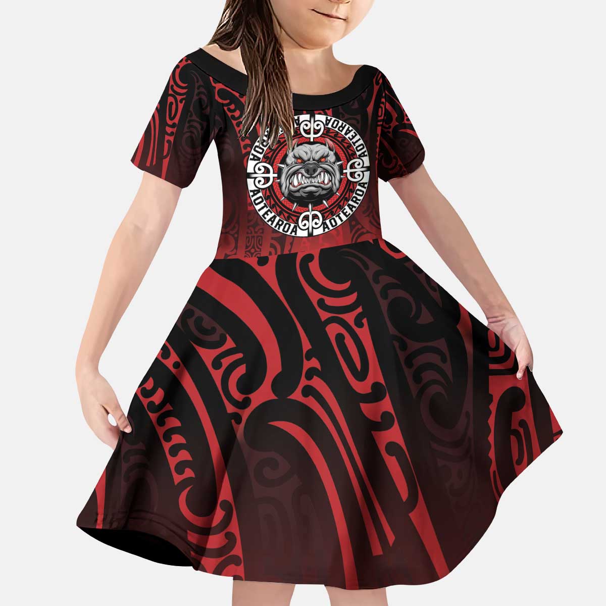 Aotearoa Bulldog Kid Short Sleeve Dress New Zealand Kowhaiwhai Tribal