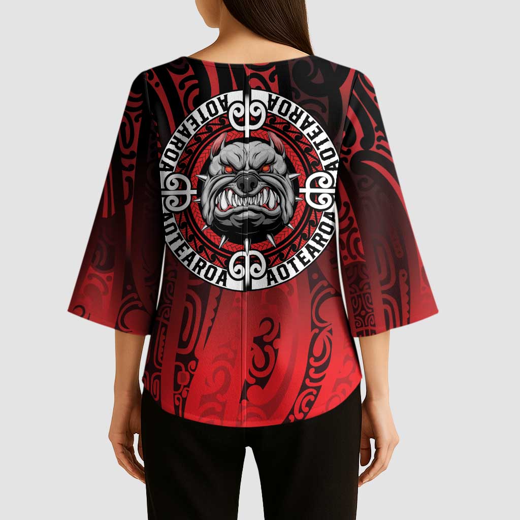 Aotearoa Bulldog Kimono Sleeve Blouse New Zealand Kowhaiwhai Tribal - Polynesian Pride