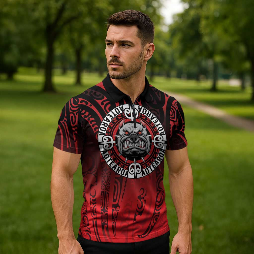 Aotearoa Bulldog Zipper Polo Shirt New Zealand Kowhaiwhai Tribal - Polynesian Pride