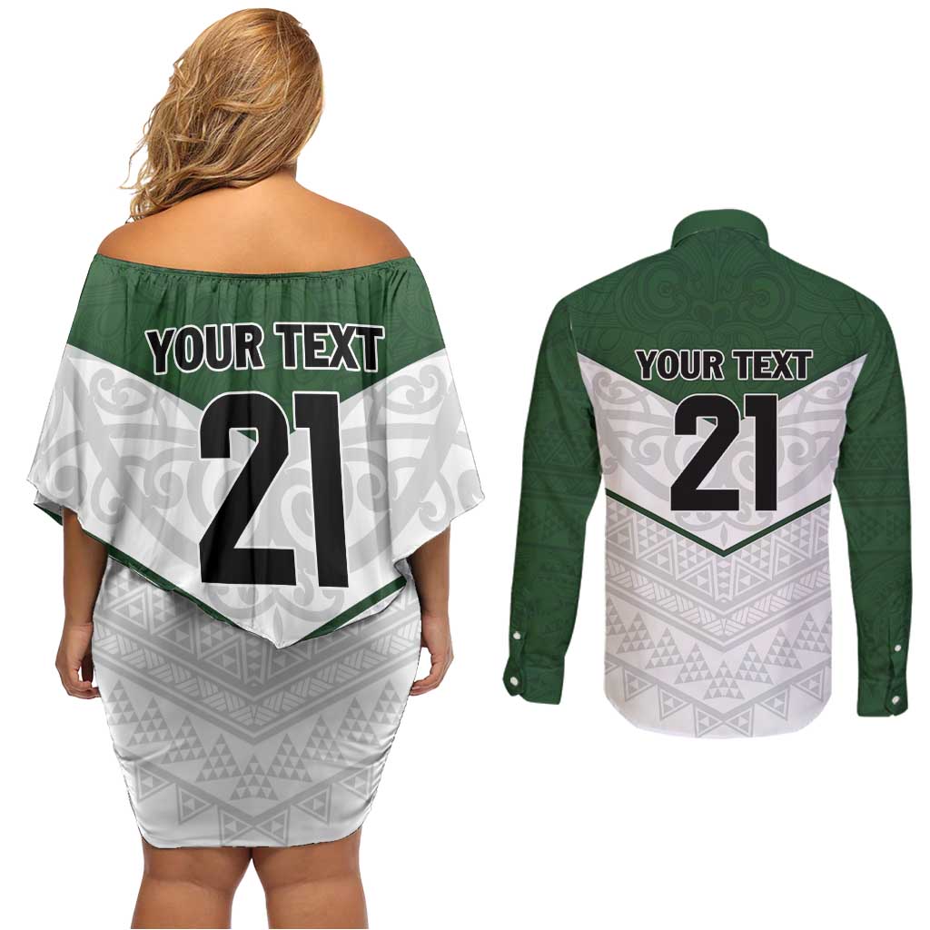 Custom New Zealand Maori Niho Taniwha Couples Matching Off Shoulder Short Dress and Long Sleeve Button Shirt