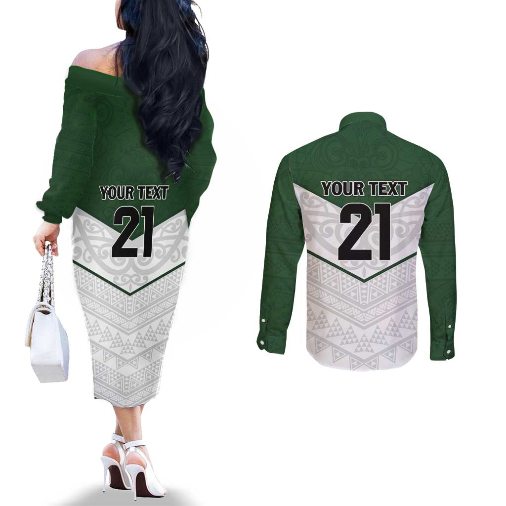 Custom New Zealand Maori Niho Taniwha Couples Matching Off The Shoulder Long Sleeve Dress and Long Sleeve Button Shirt