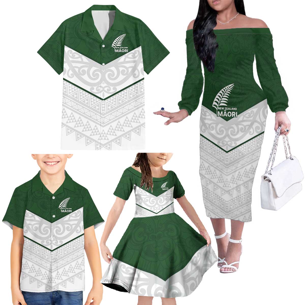 Custom New Zealand Maori Niho Taniwha Family Matching Off The Shoulder Long Sleeve Dress and Hawaiian Shirt