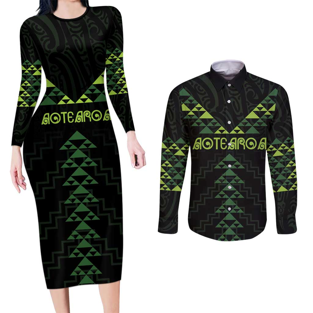 Custom New Zealand Maori Koru Koiri Motif Couples Matching Long Sleeve Bodycon Dress and Long Sleeve Button Shirt