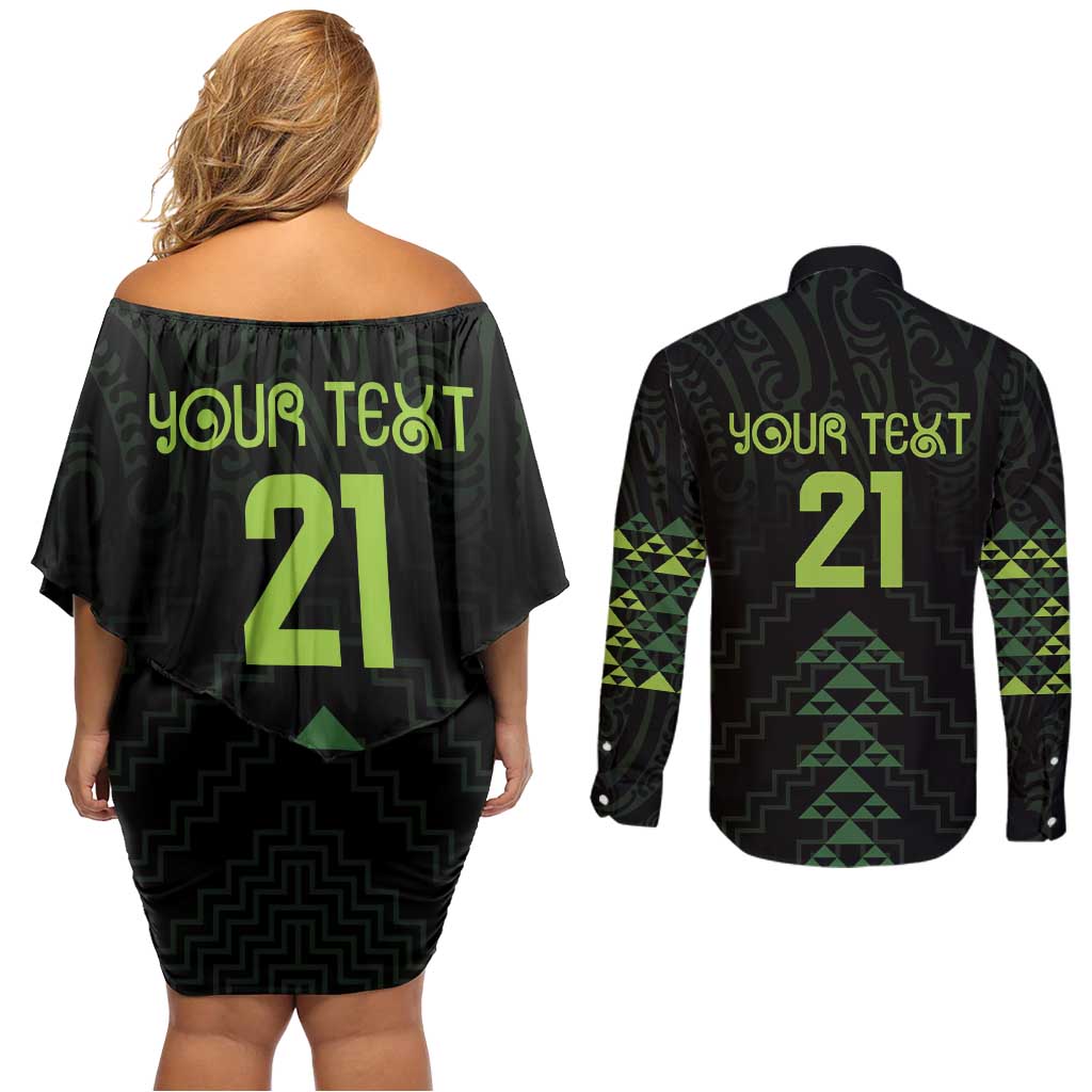 Custom New Zealand Maori Koru Koiri Motif Couples Matching Off Shoulder Short Dress and Long Sleeve Button Shirt