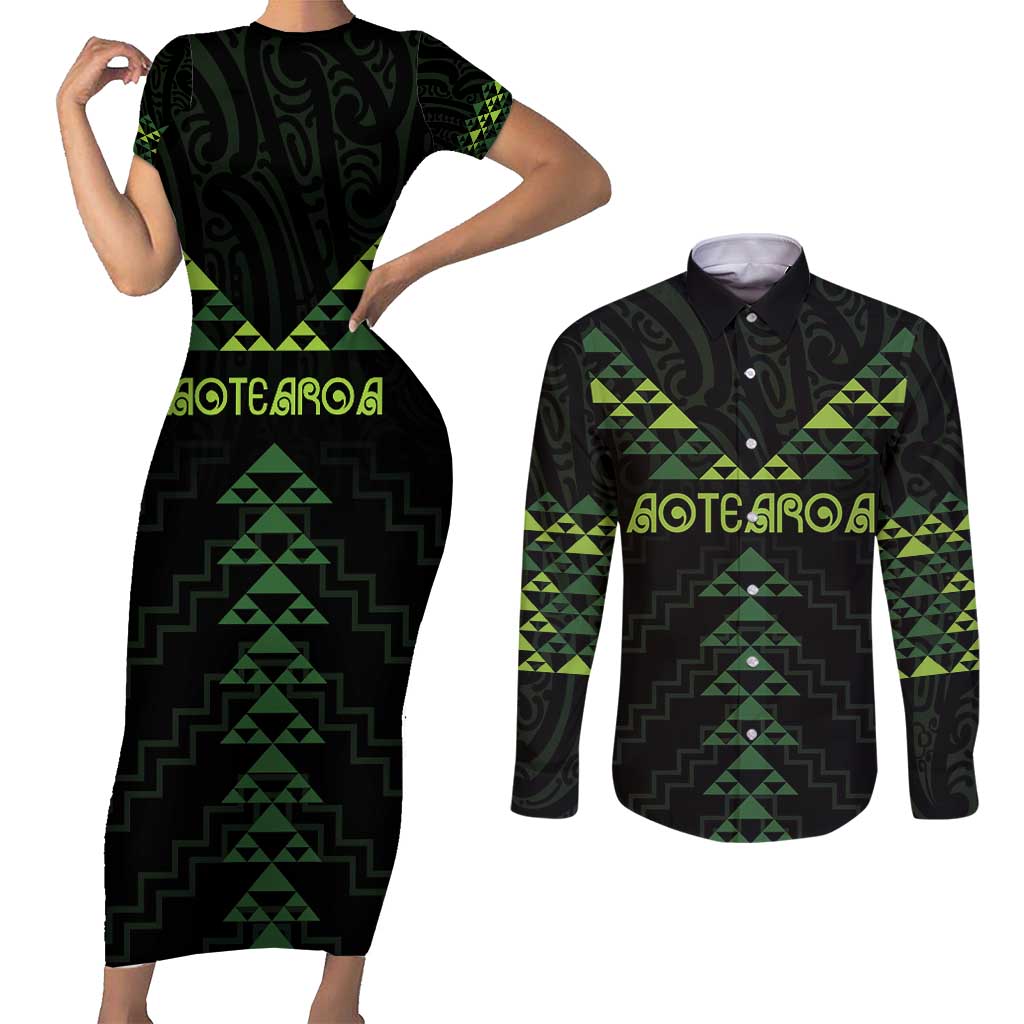Custom New Zealand Maori Koru Koiri Motif Couples Matching Short Sleeve Bodycon Dress and Long Sleeve Button Shirt