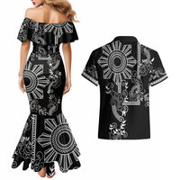 Filipino Sun Tribal Tattoo Couples Matching Mermaid Dress and Hawaiian Shirt Philippines Inspired Barong Simple Black
