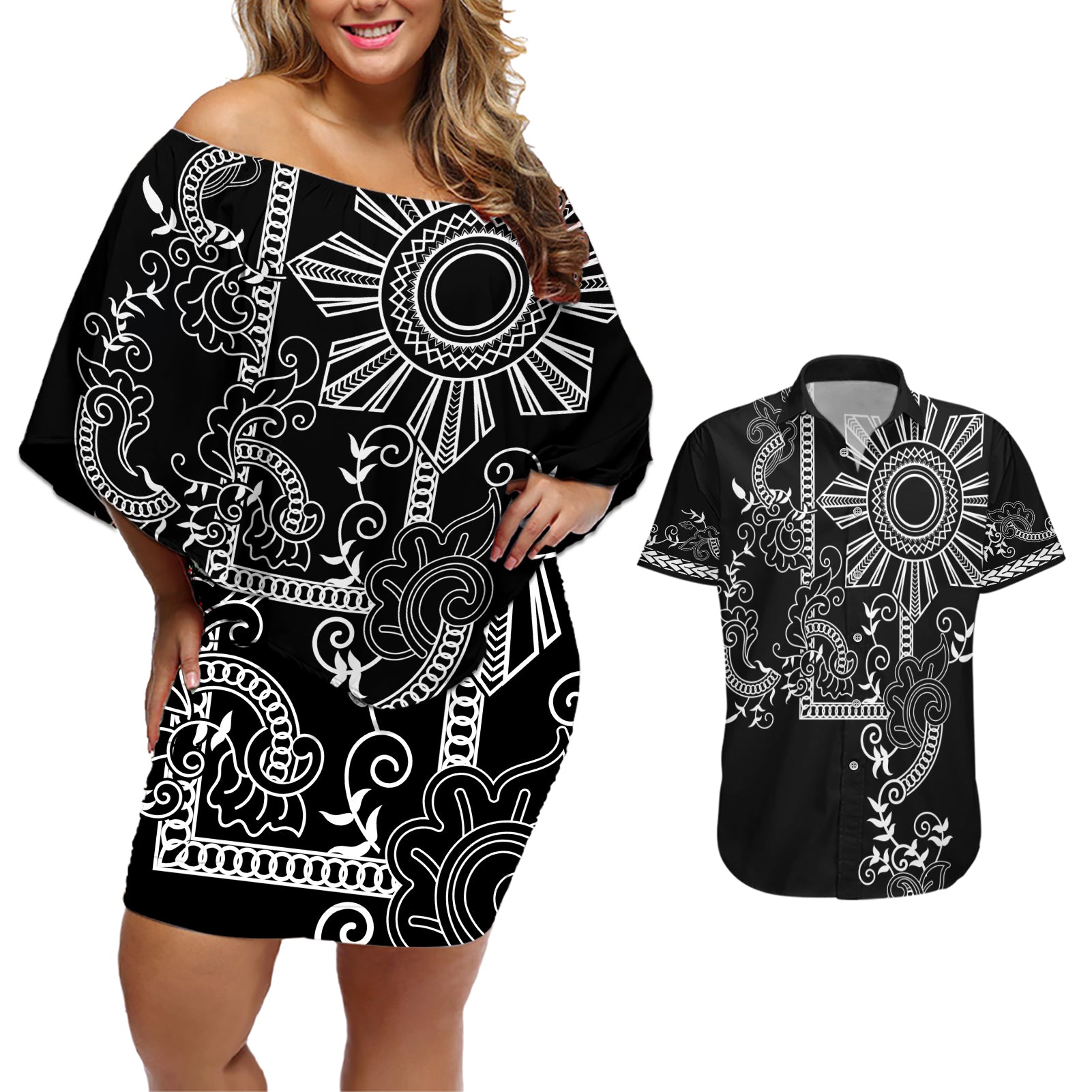 Filipino Sun Tribal Tattoo Couples Matching Off Shoulder Short Dress and Hawaiian Shirt Philippines Inspired Barong Simple Black