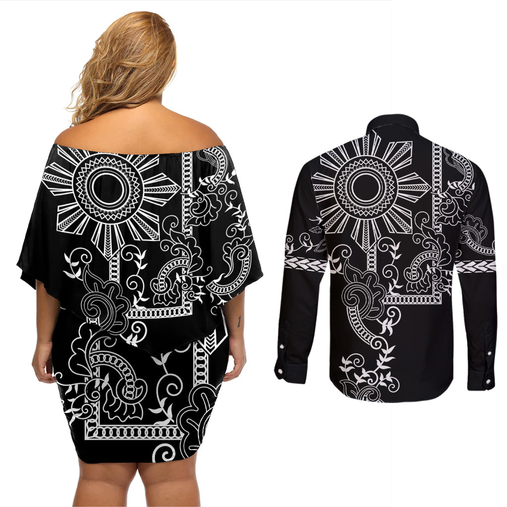 Filipino Sun Tribal Tattoo Couples Matching Off Shoulder Short Dress and Long Sleeve Button Shirt Philippines Inspired Barong Simple Black