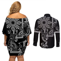 Filipino Sun Tribal Tattoo Couples Matching Off Shoulder Short Dress and Long Sleeve Button Shirt Philippines Inspired Barong Simple Black