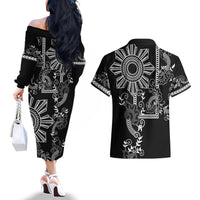 Filipino Sun Tribal Tattoo Couples Matching Off The Shoulder Long Sleeve Dress and Hawaiian Shirt Philippines Inspired Barong Simple Black