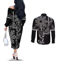 Filipino Sun Tribal Tattoo Couples Matching Off The Shoulder Long Sleeve Dress and Long Sleeve Button Shirt Philippines Inspired Barong Simple Black