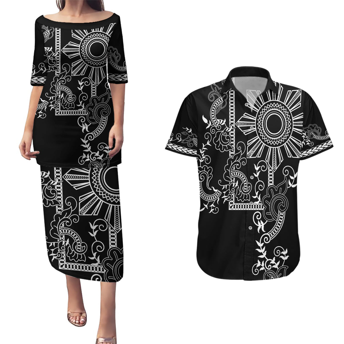 Filipino Sun Tribal Tattoo Couples Matching Puletasi and Hawaiian Shirt Philippines Inspired Barong Simple Black