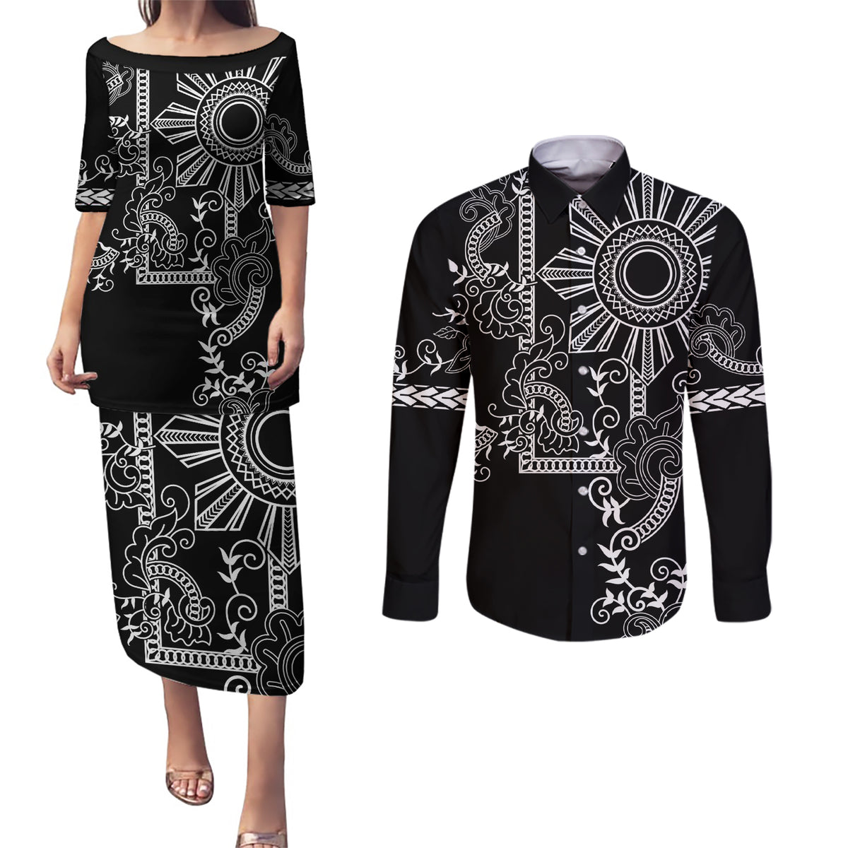 Filipino Sun Tribal Tattoo Couples Matching Puletasi and Long Sleeve Button Shirt Philippines Inspired Barong Simple Black