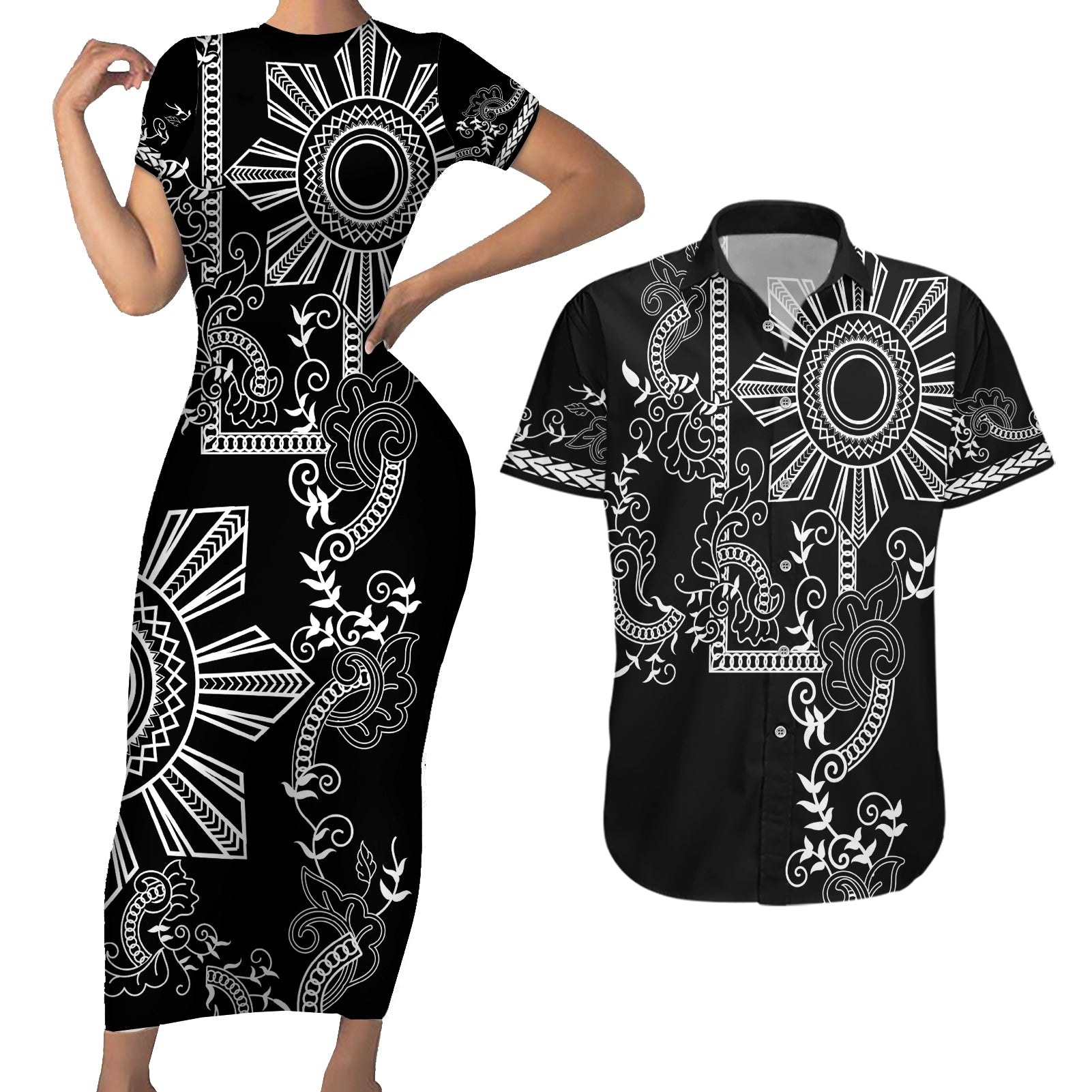 Filipino Sun Tribal Tattoo Couples Matching Short Sleeve Bodycon Dress and Hawaiian Shirt Philippines Inspired Barong Simple Black