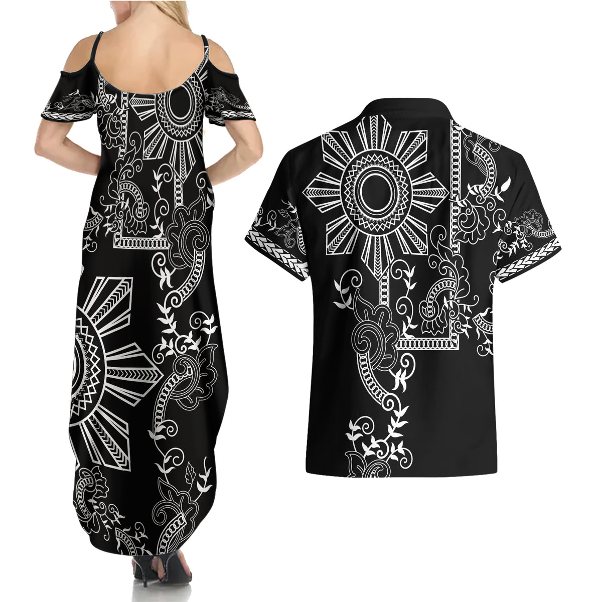 Filipino Sun Tribal Tattoo Couples Matching Summer Maxi Dress and Hawaiian Shirt Philippines Inspired Barong Simple Black