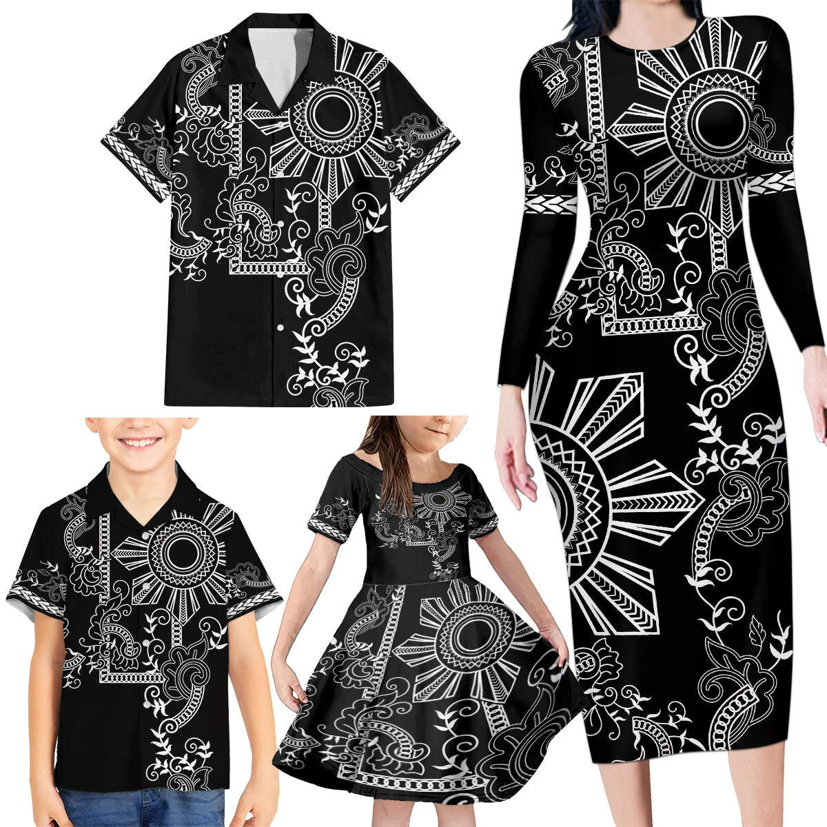 Filipino Sun Tribal Tattoo Family Matching Long Sleeve Bodycon Dress and Hawaiian Shirt Philippines Inspired Barong Simple Black