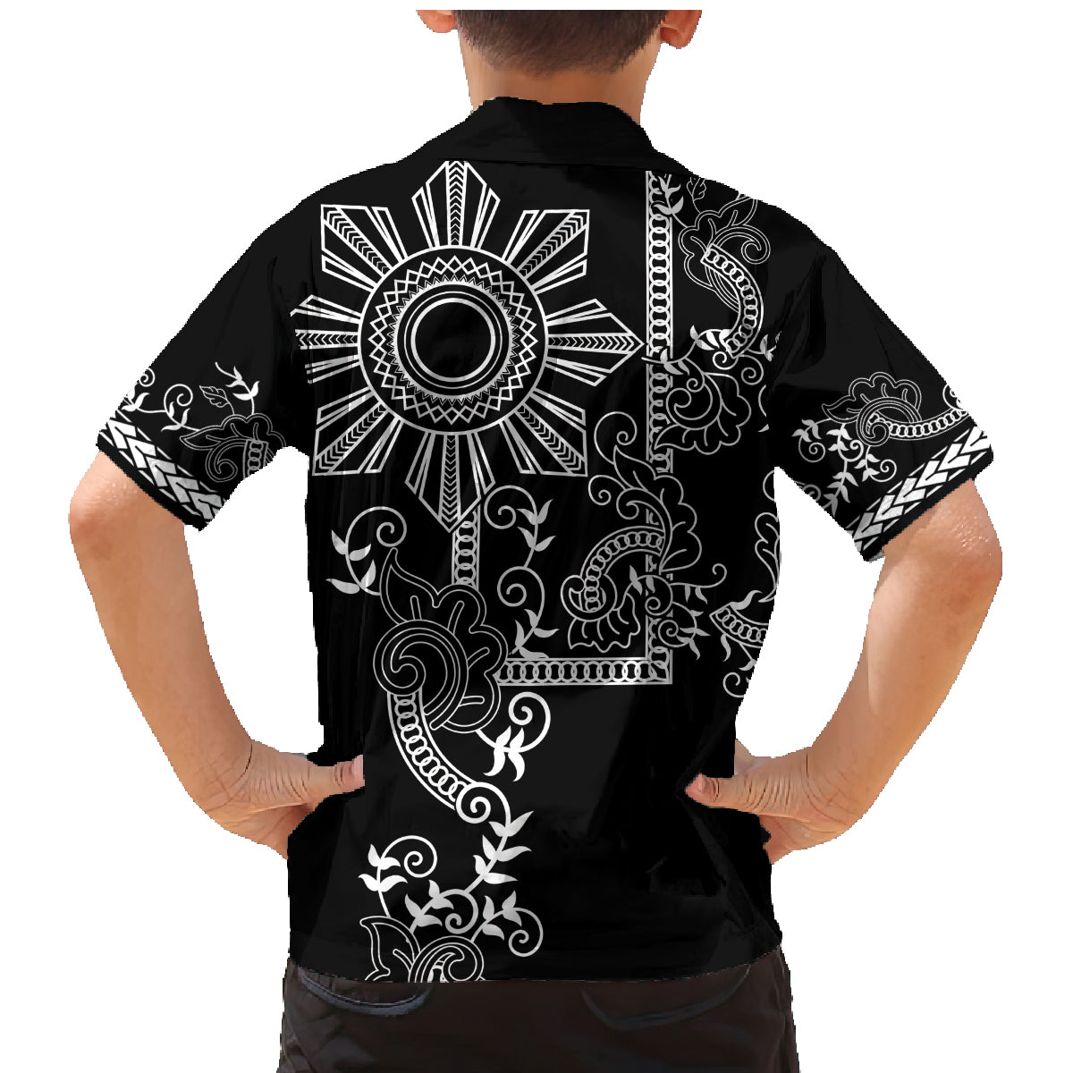 Filipino Sun Tribal Tattoo Family Matching Mermaid Dress and Hawaiian Shirt Philippines Inspired Barong Simple Black