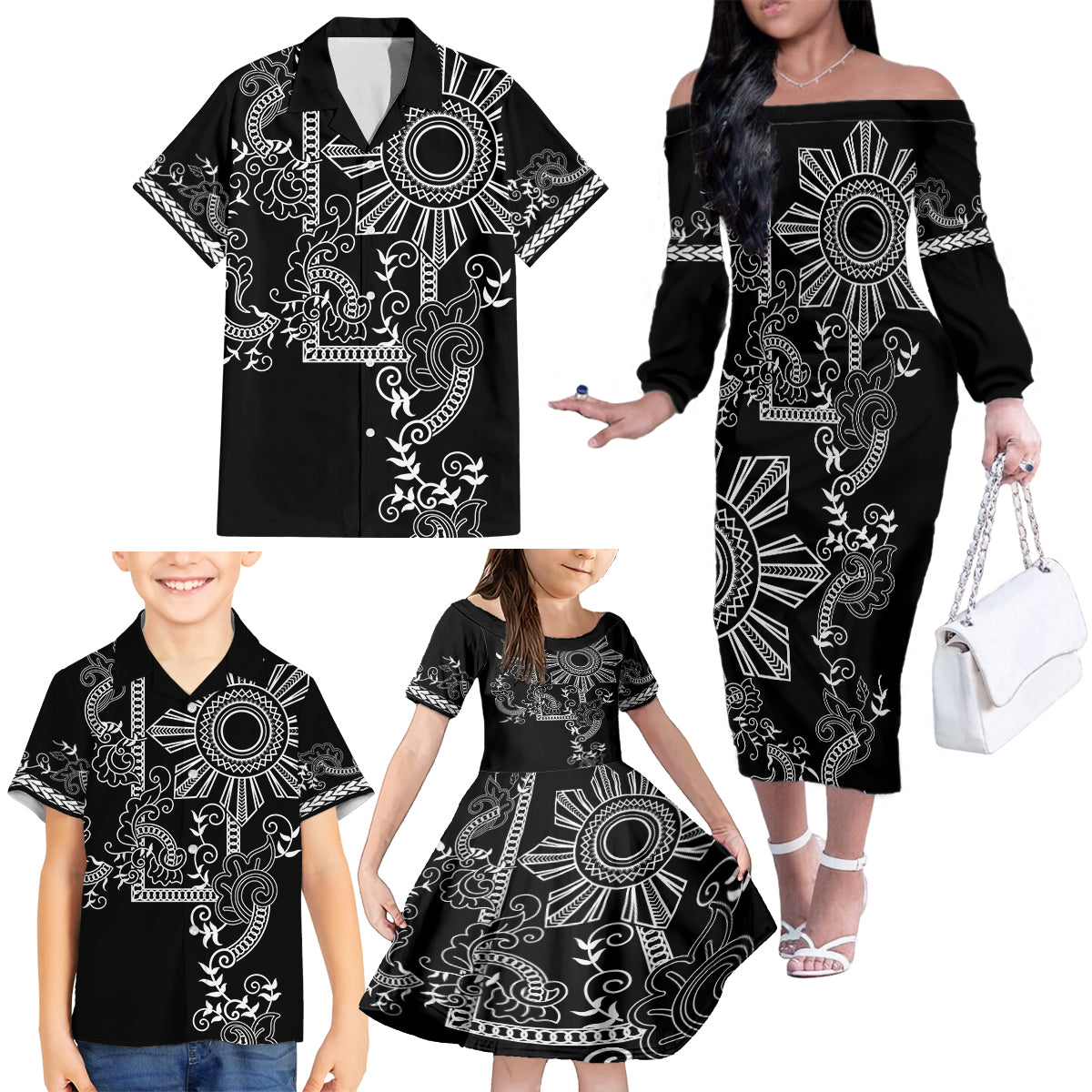 Filipino Sun Tribal Tattoo Family Matching Off The Shoulder Long Sleeve Dress and Hawaiian Shirt Philippines Inspired Barong Simple Black