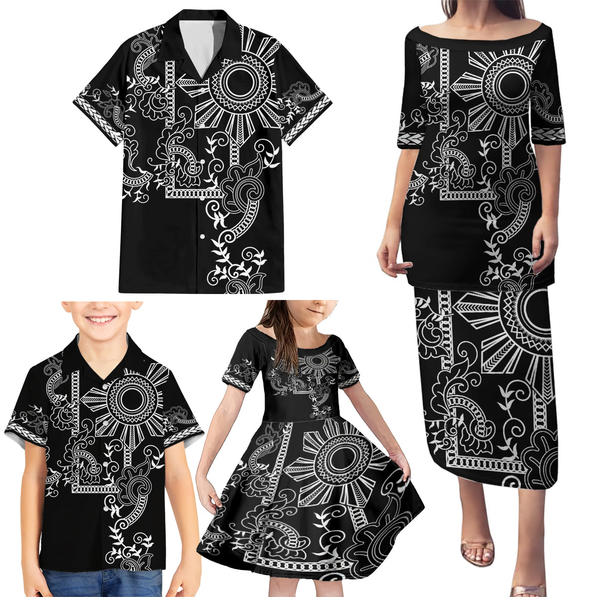 Filipino Sun Tribal Tattoo Family Matching Puletasi and Hawaiian Shirt Philippines Inspired Barong Simple Black