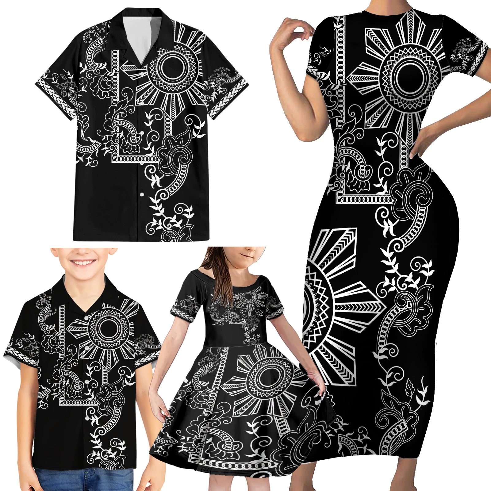 Filipino Sun Tribal Tattoo Family Matching Short Sleeve Bodycon Dress and Hawaiian Shirt Philippines Inspired Barong Simple Black