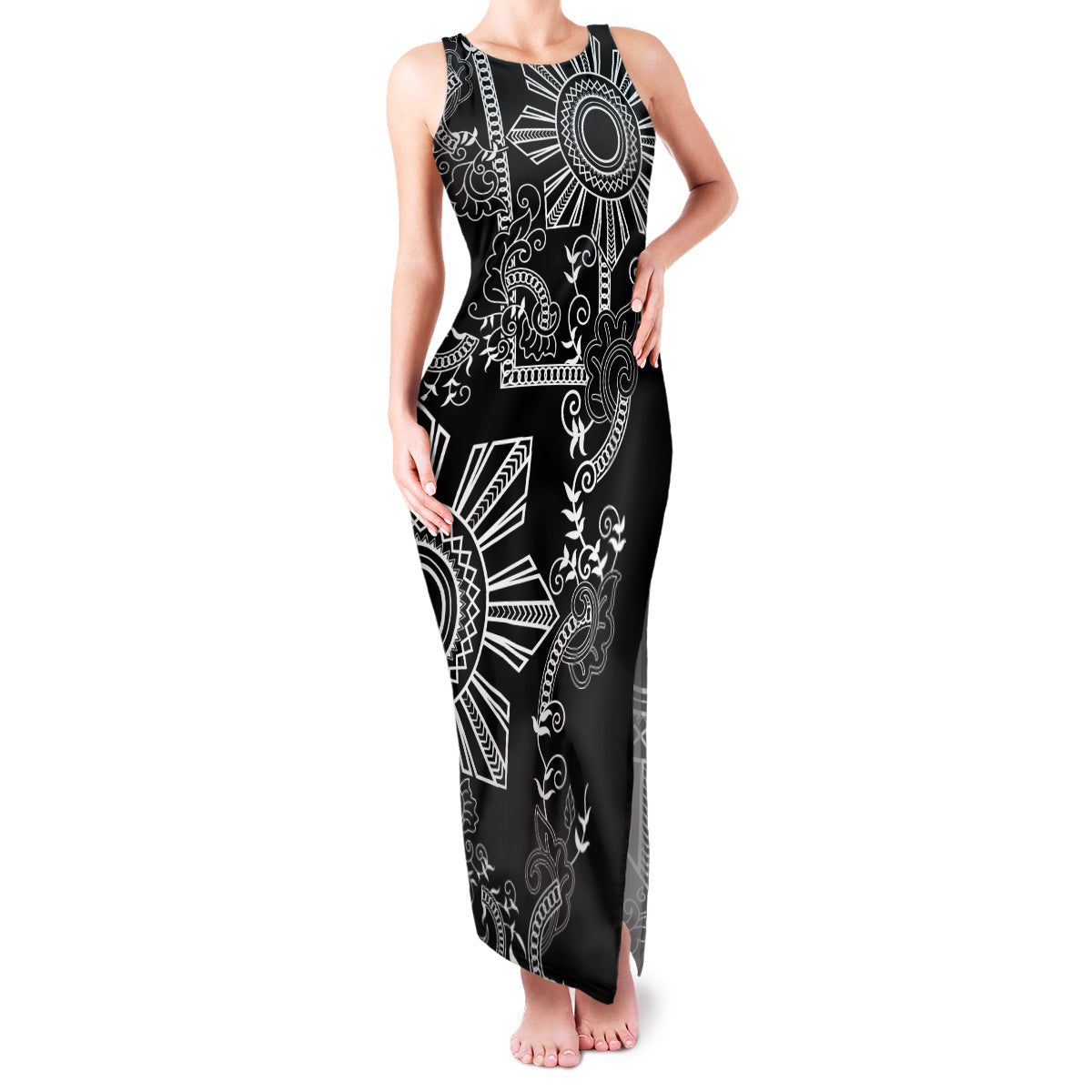 Filipino Sun Tribal Tattoo Family Matching Tank Maxi Dress and Hawaiian Shirt Philippines Inspired Barong Simple Black