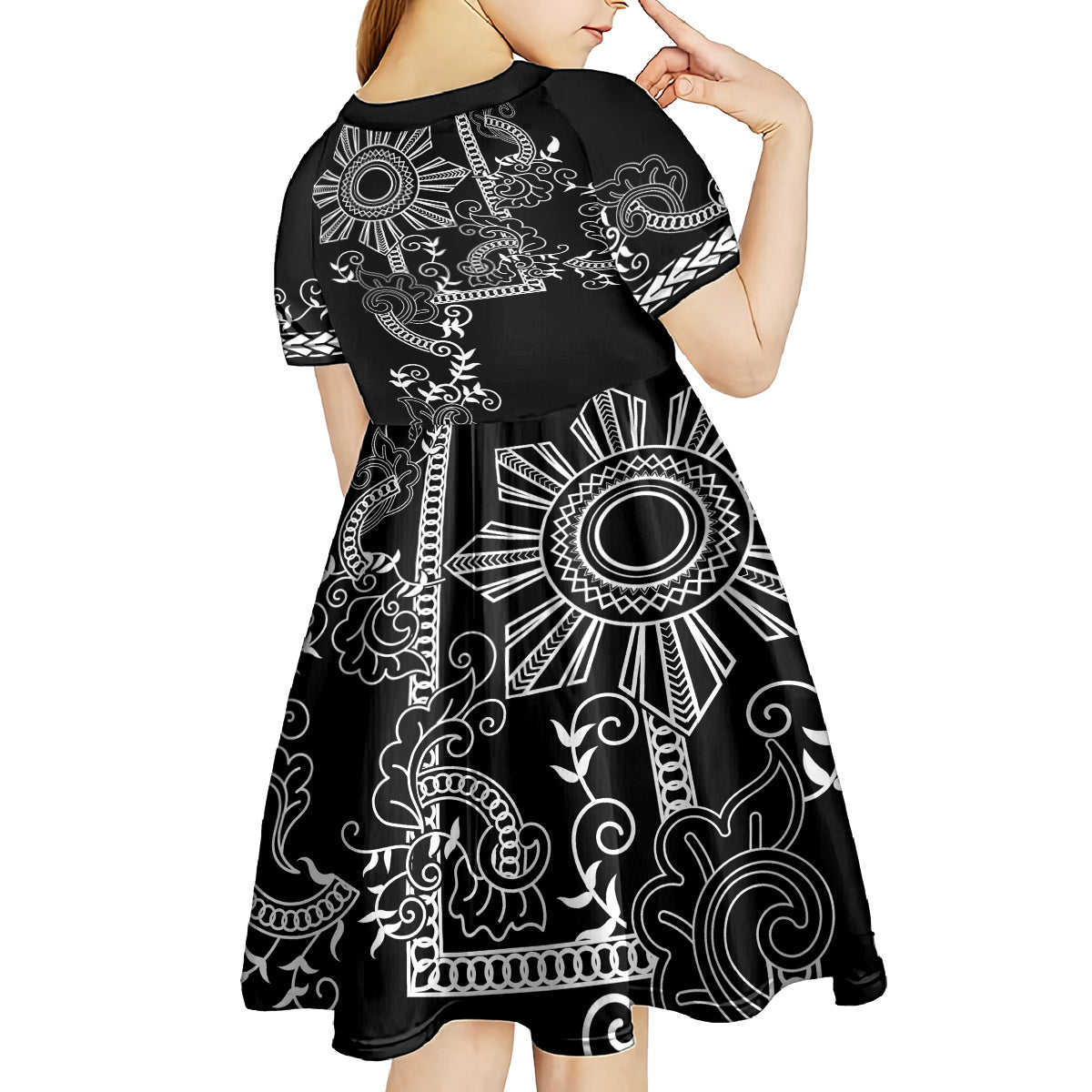 Filipino Sun Tribal Tattoo Kid Short Sleeve Dress Philippines Inspired Barong Simple Black