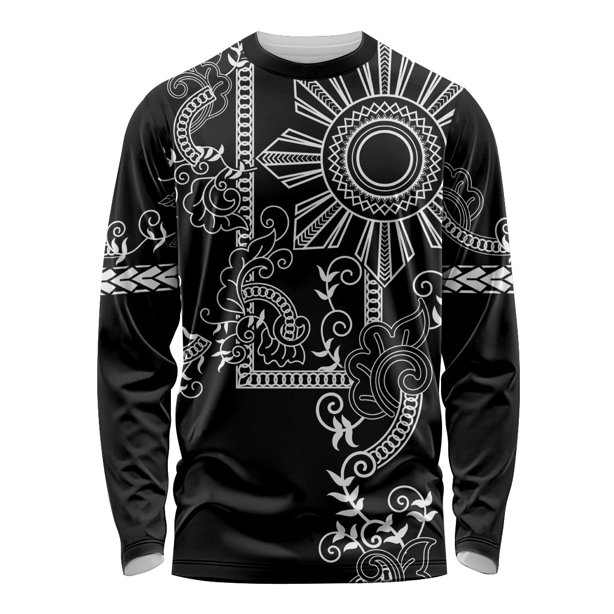 Filipino Sun Tribal Tattoo Long Sleeve Shirt Philippines Inspired Barong Simple Black